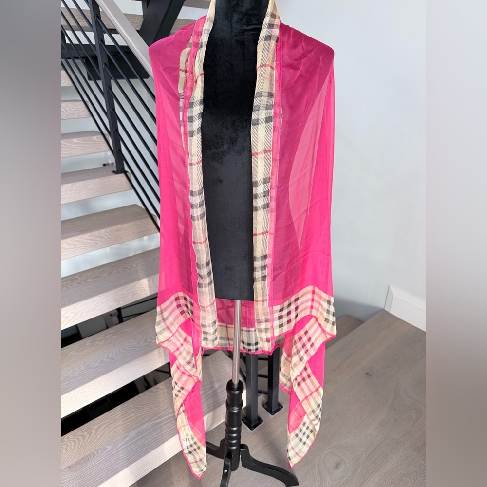 Pink Boho Vintage Sheer Scarf or Beach Wrap Shawl Cover up with Plaid Trim 67*42